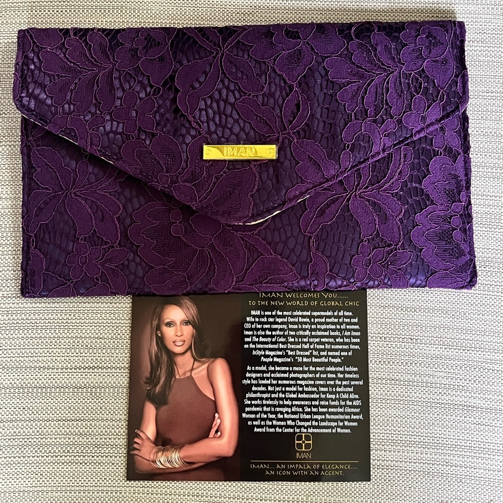 Iman Envelope Clutch Bag Purple Lace NEW Global Chic Collection Runway Style